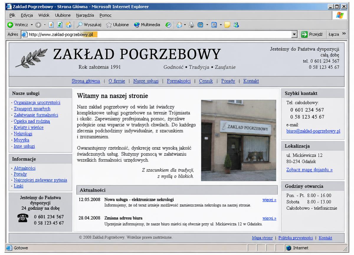 Przestarzała strona zakładu pogrzebowego — stan przed zmianą